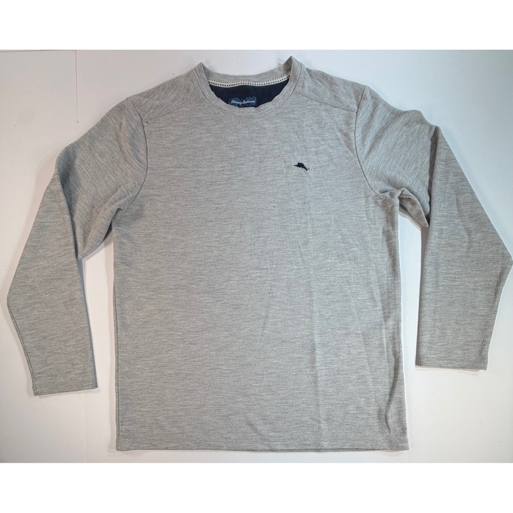 Tommy Bahama Mens Grey Long Sleeve Waffle Knit Crewneck Pullover Marlin Logo M
